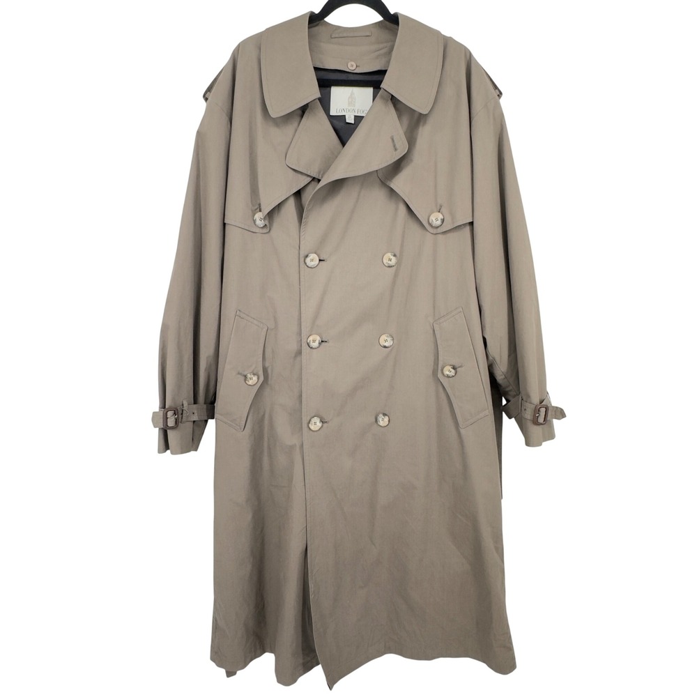 London Fog Mens Double Breasted Trench Coat Khaki Tan Belted Overcoat 44 Reg